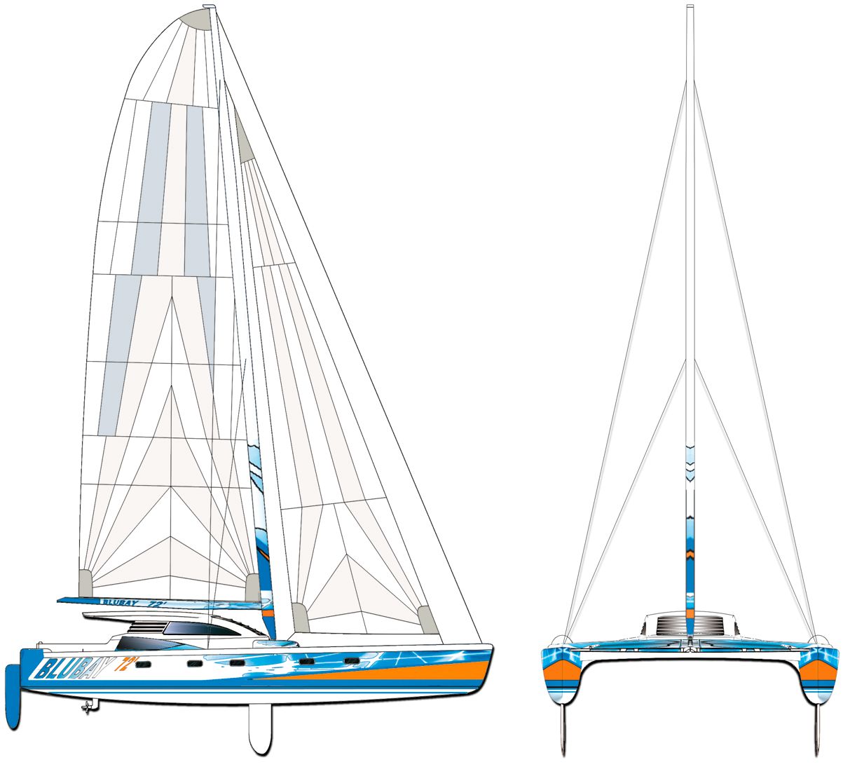 Blubay 72' Galiléo cata voile high perf par Luc Simon, architecte et designer naval, constructeur de bateau.