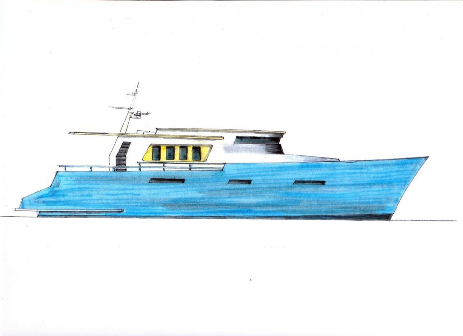 Esquisse kéréon 60' multicoque moteur par Luc Simon, architecte naval et constructeur de bateau.