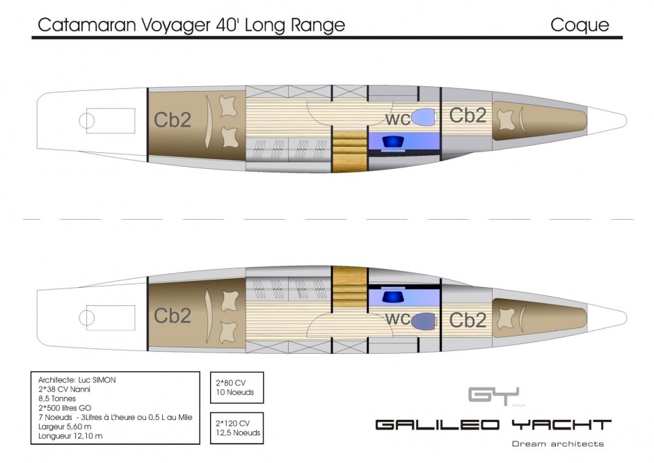 Voyager 40' Long Range Ecova bateau multicoque moteur par Luc Simon architecte naval & designer