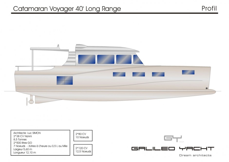 Voyager 40' Long Range Ecova bateau multicoque moteur par Luc Simon architecte naval & designer