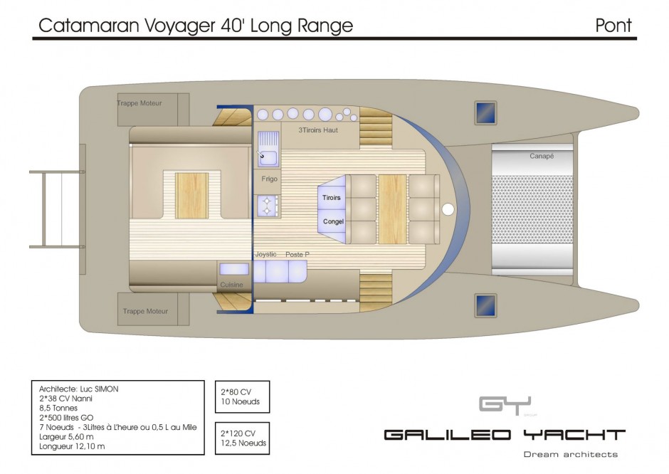 Voyager 40' Long Range Ecova bateau multicoque moteur par Luc Simon architecte naval & designer
