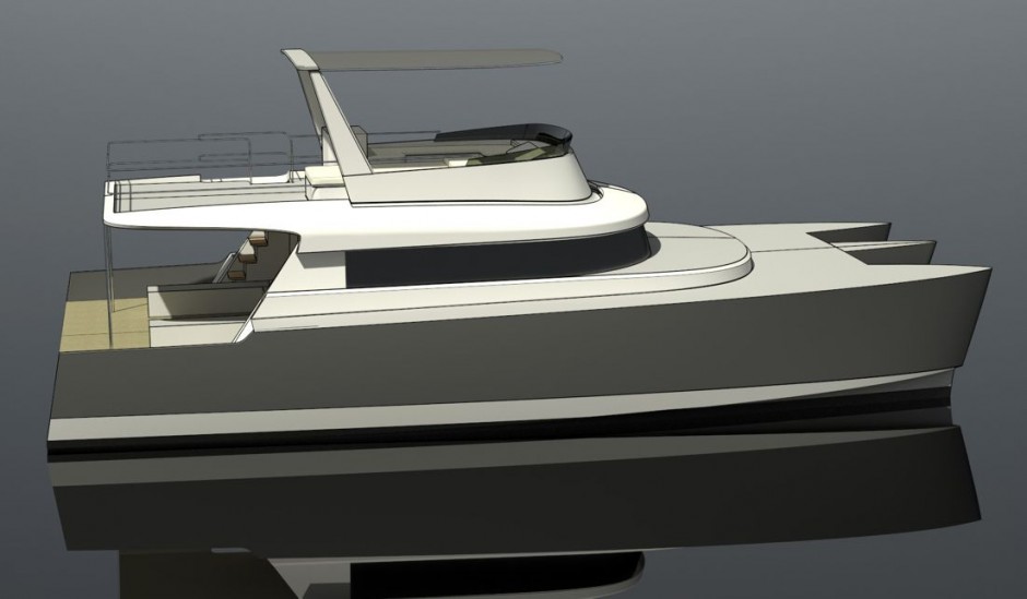 Voyager 46' Fly cata moteur bateau multicoque moteur par Luc Simon architecte naval & designer