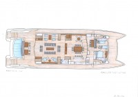 Montara 120' cata moteur pont principal, yacht multicoque de plus de 100 pieds. Conception Luc Simon architecte naval & designer.