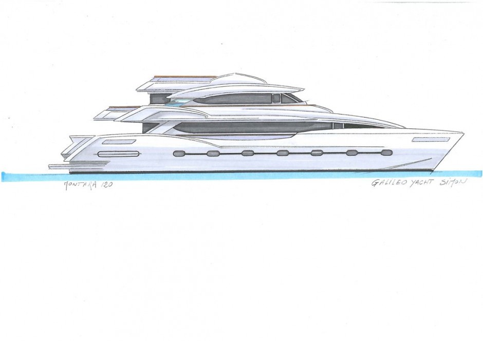 Montara 120' cata moteur profil, yacht multicoque de plus de 100 pieds. Conception Luc Simon architecte naval & designer.