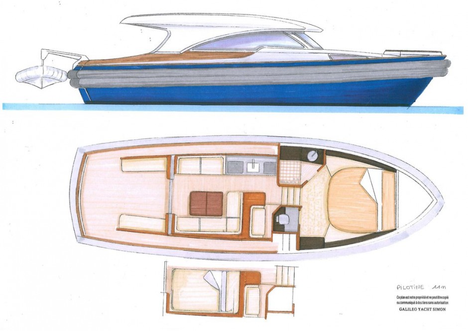 Kéréon 36' (11m) refeat Pilotine (monocoque) par Luc Simon architecte naval & designer. L’accostage peut se faire indifféremment par l’avant ou l’arrière.